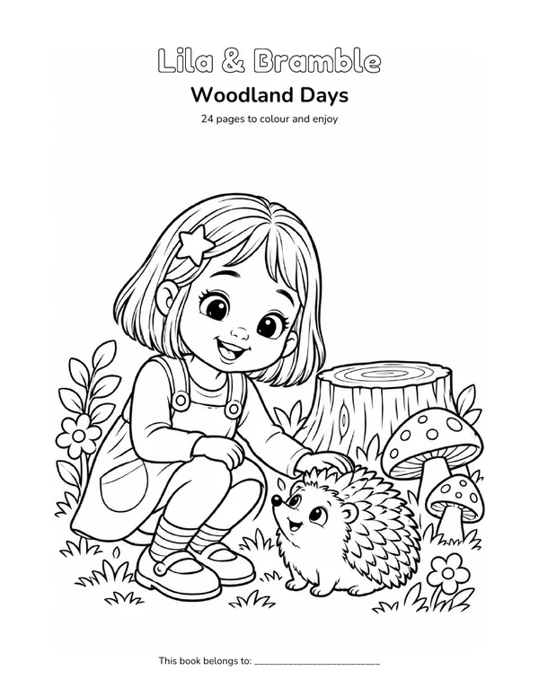 Lila & Bramble in a black-and-white woodland days colouring illustration