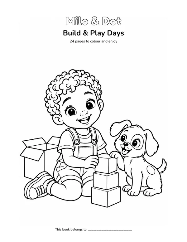Milo & Dot in a black-and-white build & play days colouring illustration