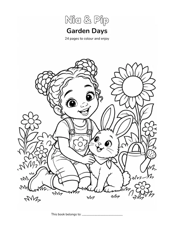 Nia & Pip in a black-and-white garden days colouring illustration