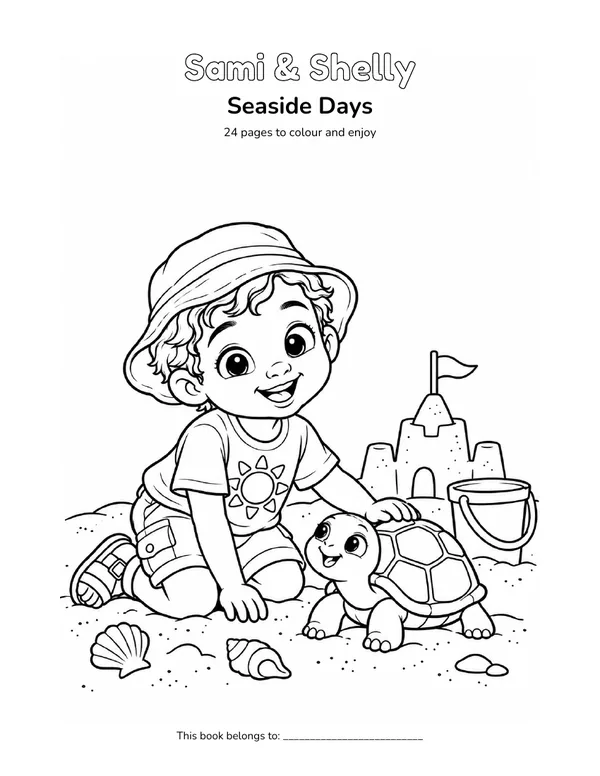 Sami & Shelly in a black-and-white seaside days colouring illustration